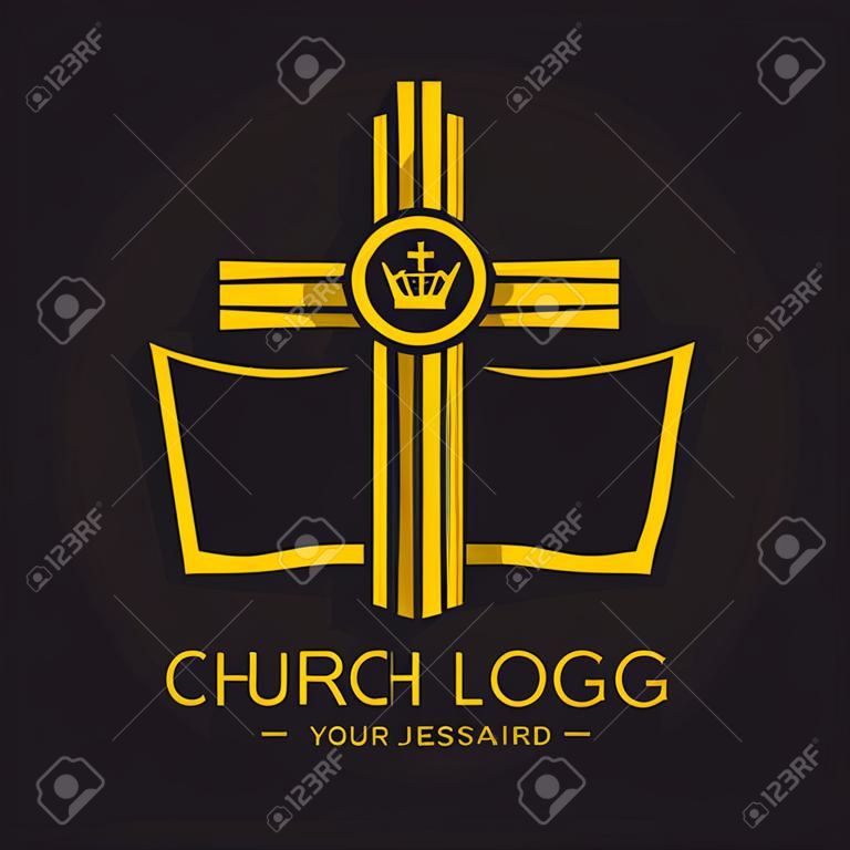 교회 로고. 기독교 상징. 성경, 예수님의 십자가와 왕관.