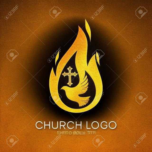 Iglesia. símbolos cristianos. Paloma, la llama del Espíritu Santo y la cruz de Jesús