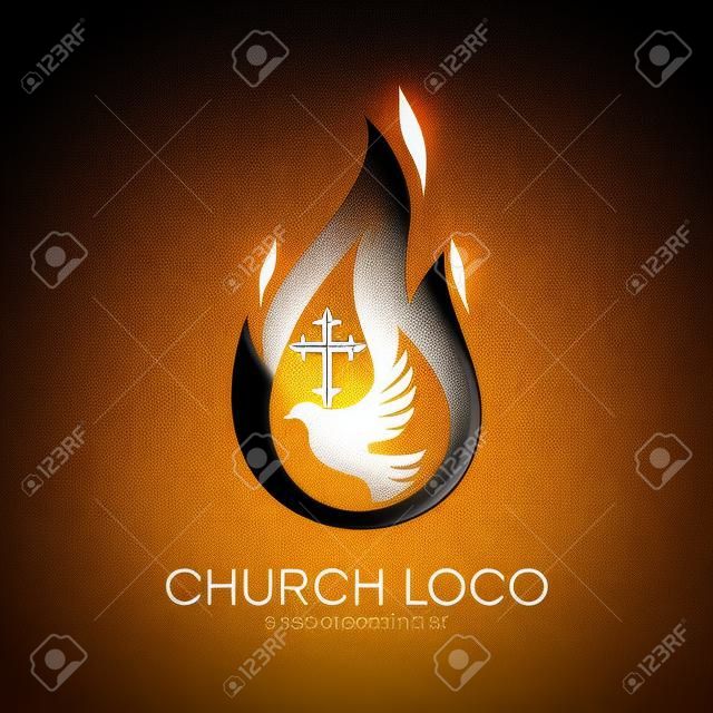 Церковь. Христианские символы. Дав, пламя Святого Духа и крест Иисуса