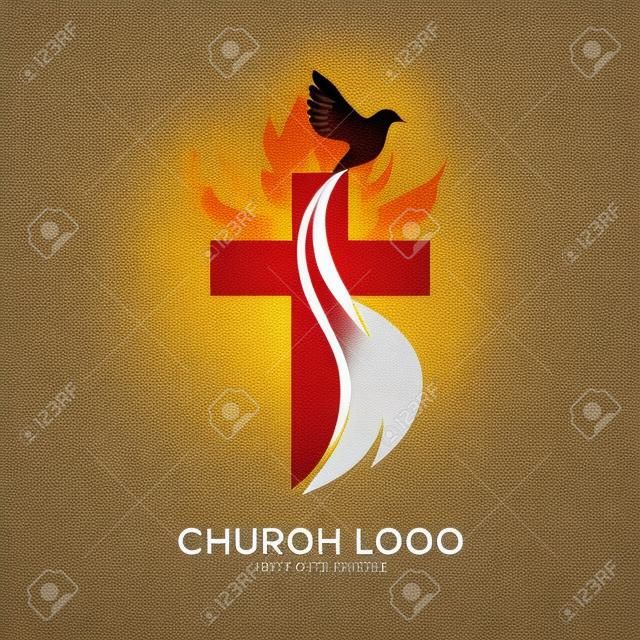 logotipo de la iglesia. símbolos cristianos. La cruz de Jesús, el fuego del Espíritu Santo y la paloma.