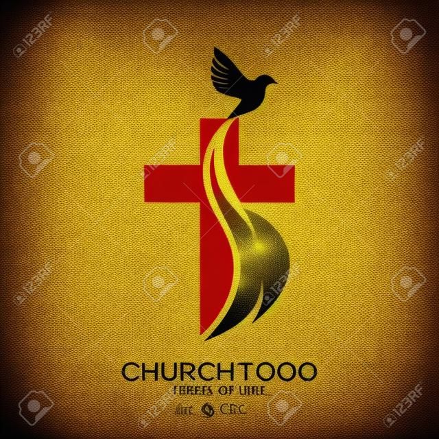 Chiesa logo. simboli cristiani. La Croce di Gesù, il fuoco dello Spirito Santo e la colomba.