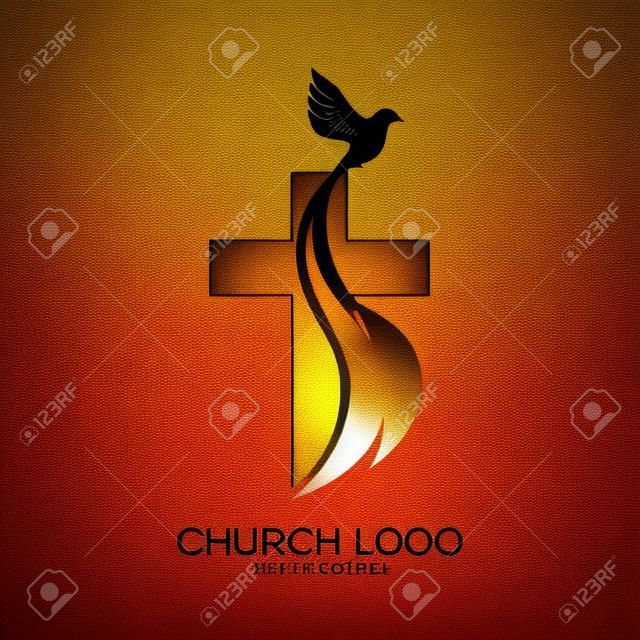 Церковь логотип. Христианские символы. Крест Иисуса, огонь Святого Духа и голубя.