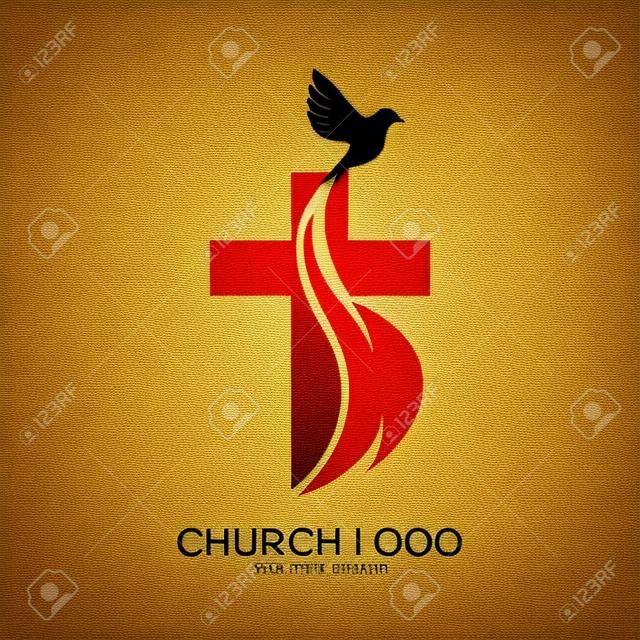 Logo Kościoła. Symbole chrześcijańskie. Krzyż Jezusa, ogień Ducha Świętego i gołębi.