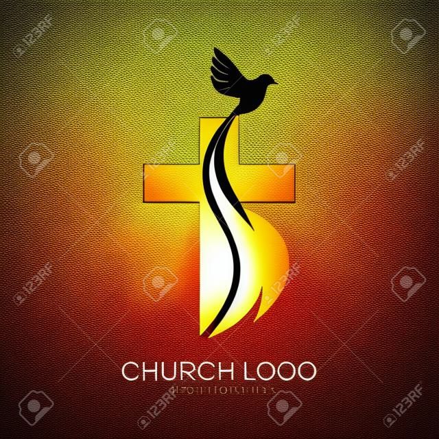 Church logo. Christian symbols. The Cross of Jesus, the fire of the Holy Spirit and the dove.