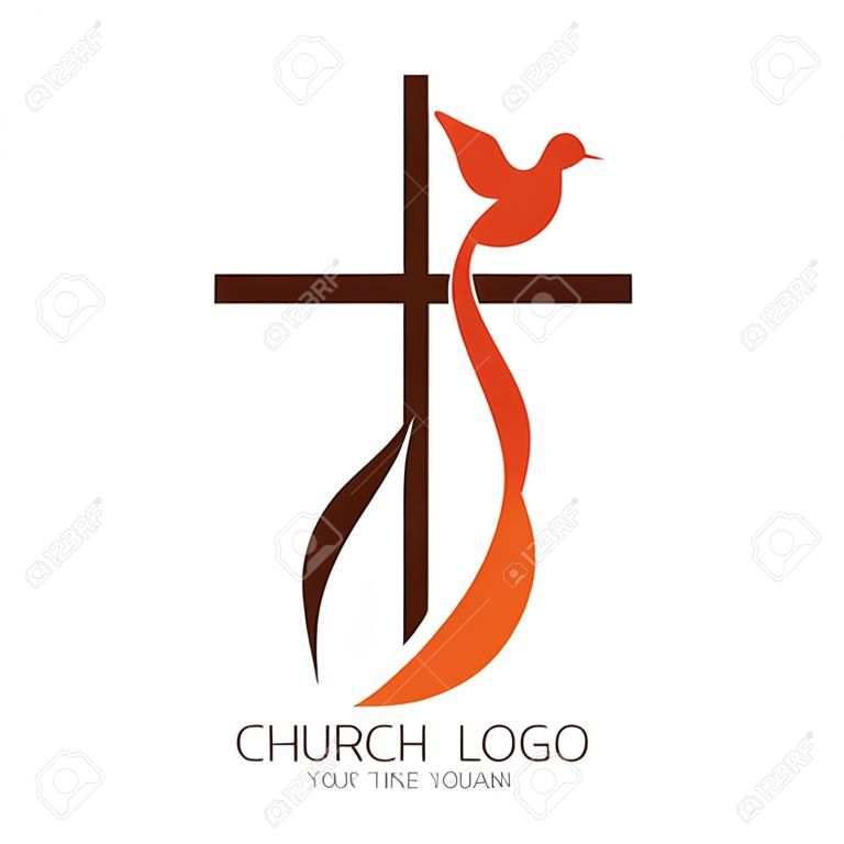 Kerklogo. Christelijke symbolen. Het Kruis van Jezus, het vuur van de Heilige Geest en de duif.
