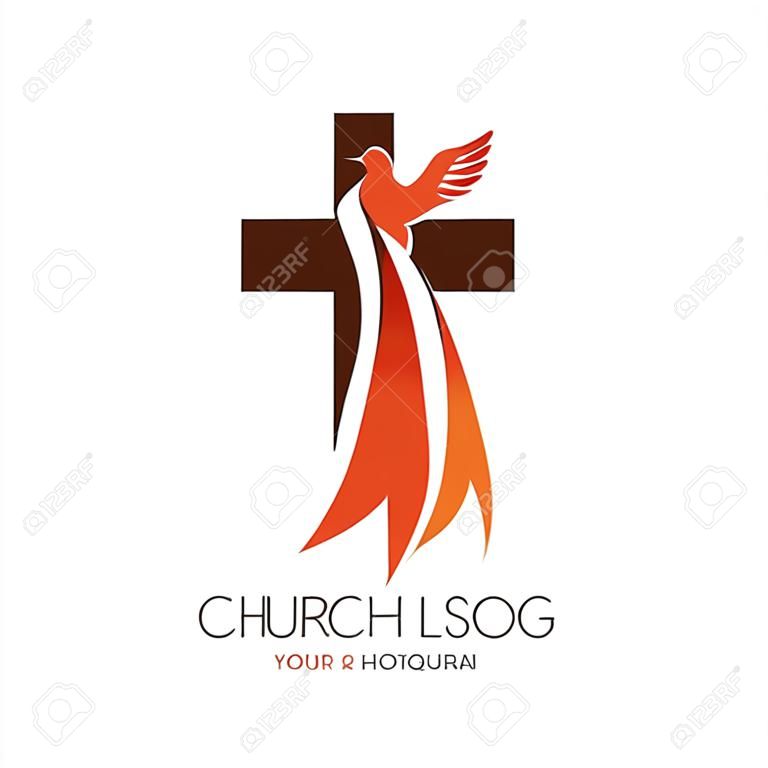 Kerklogo. Christelijke symbolen. Het Kruis van Jezus, het vuur van de Heilige Geest en de duif.