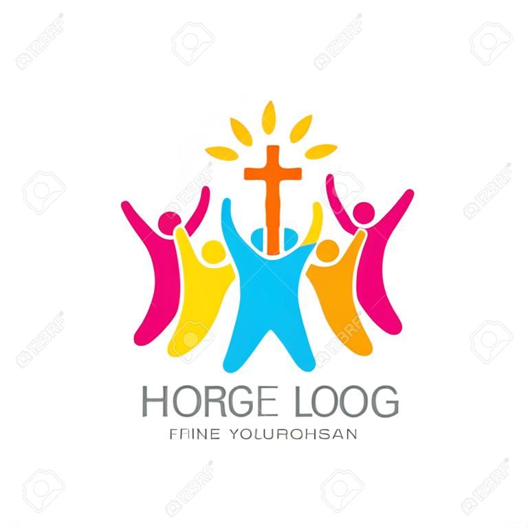 Logo della Chiesa. Simboli cristiani. Le persone adoravano il Signore Gesù Cristo