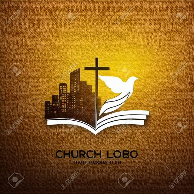 Logo Kościoła. Symbole chrześcijańskie. Otwarty Biblię, krzyż Jezusa, miasto i gołębi
