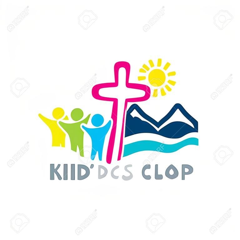 Logotipo do acampamento de crianças. Símbolos cristãos.