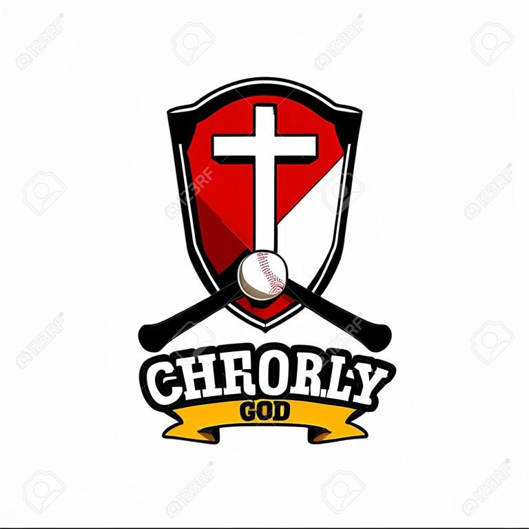 Logotipo cristão atlético. O escudo dourado, a cruz de Jesus e o beisebol com um bastão. Emblema para competição, ministério, conferência, acampamento, seminário, etc.