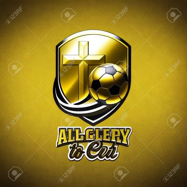 アスレチッククリスチャンのロゴ。黄金の盾、イエスの十字架と空飛ぶサッカーボール。競争、省、会議、キャンプ、セミナーなどのエンブレム