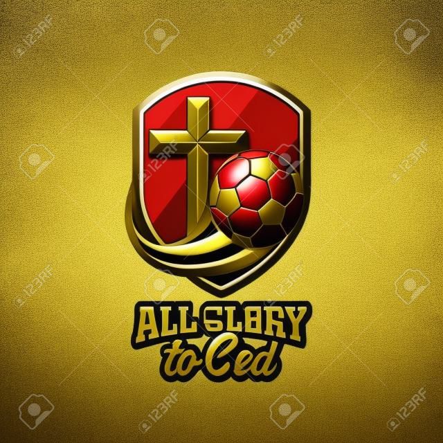 Logotipo cristiano atlético. Un escudo dorado, una cruz de Jesús y un balón de fútbol volador. Emblema para competición, ministerio, conferencia, campamento, seminario, etc.