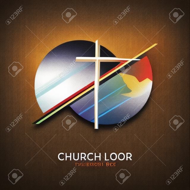 Logo della Chiesa e simboli cristiani. Croce del Salvatore Gesù Cristo e simboli astratti geometrici.