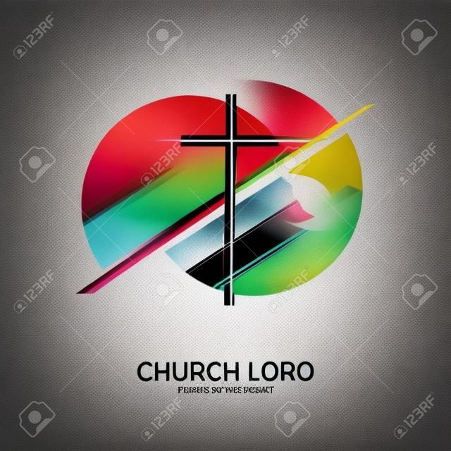 教会のロゴとキリスト教のシンボル。救い主イエス・キリストと幾何学的抽象的なシンボルの十字架。