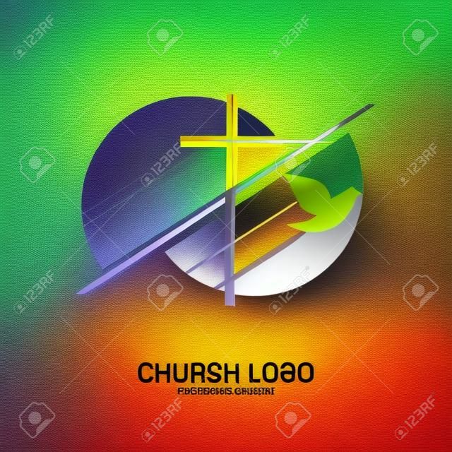 Logo de l'église et symboles chrétiens. Croix du Sauveur Jésus-Christ et symboles abstraits géométriques.