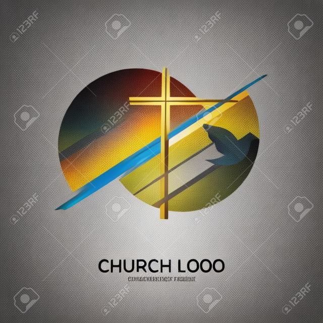 Logo Kościoła i symbole chrześcijańskie. krzyż zbawiciela jezusa chrystusa i geometryczne abstrakcyjne symbole.