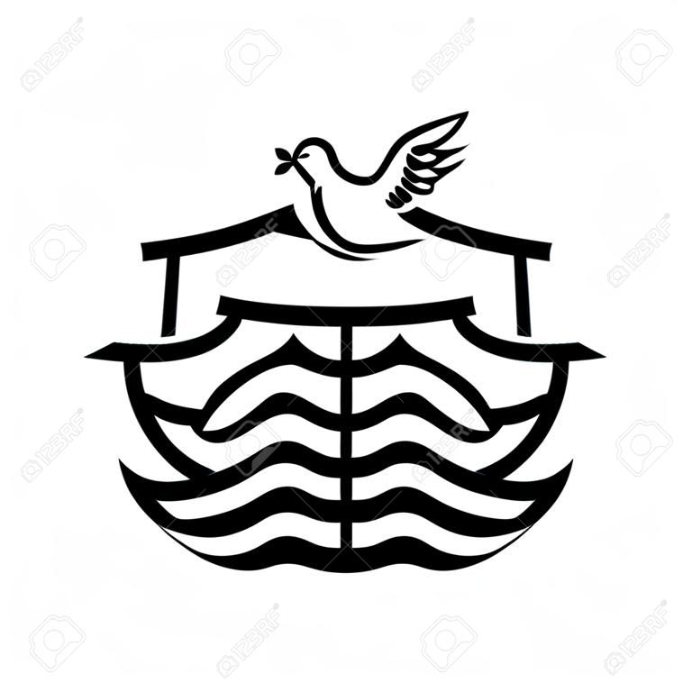 Logo of Noah's Ark. Dove with a branch of olive. Ship to rescue animals. Biblical illustration.