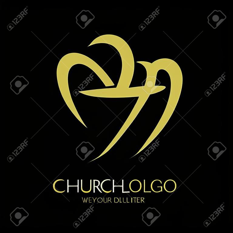Church logo. Christian symbols. A dove forming a heart, and inside the cross of Christ