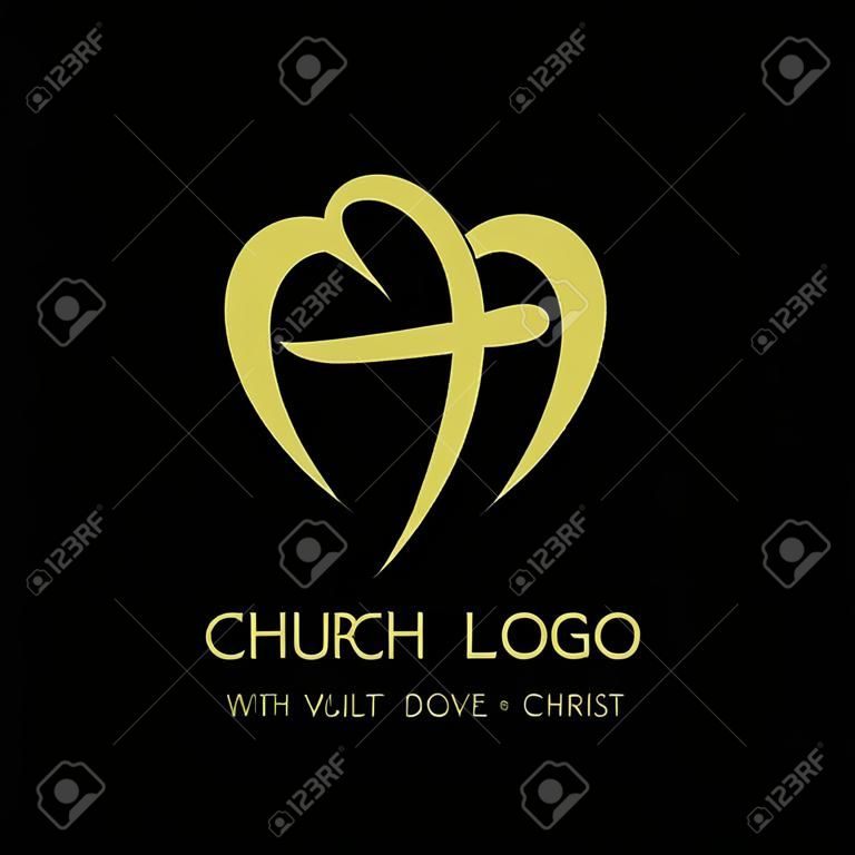 Church logo. Christian symbols. A dove forming a heart, and inside the cross of Christ