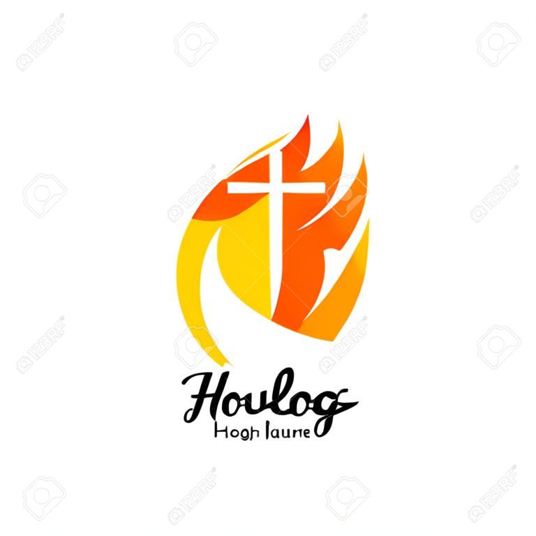 Logotipo de la iglesia. Símbolos cristianos. La cruz de Jesús y la llama del Espíritu Santo.