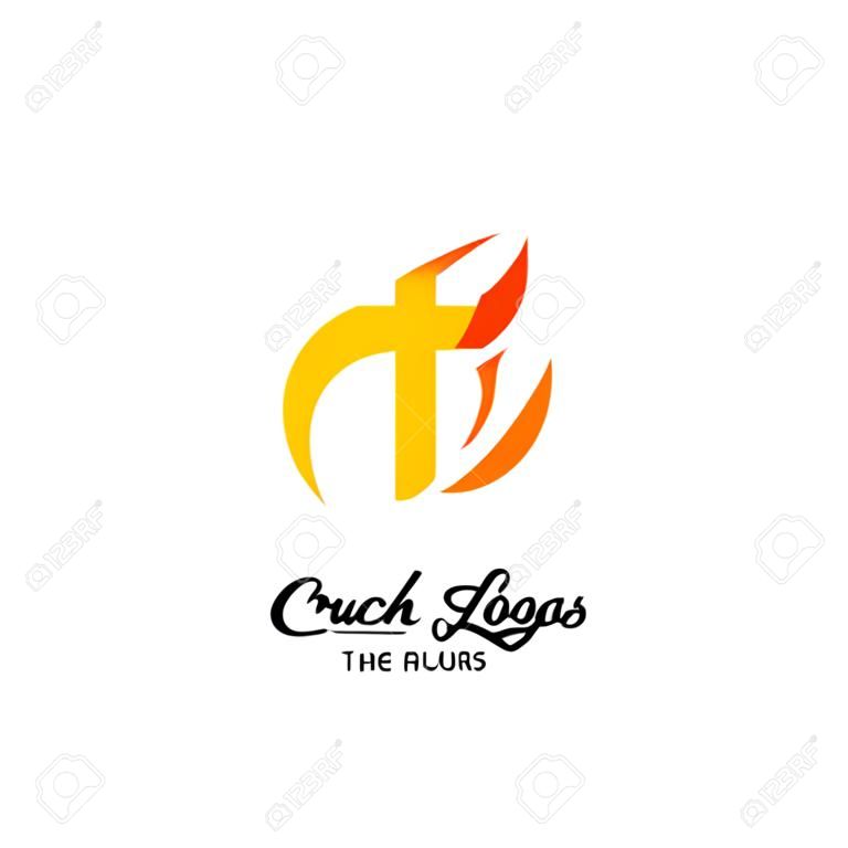 Logo kościoła chrześcijańskie symbole krzyża jezusa i płomienia ducha świętego