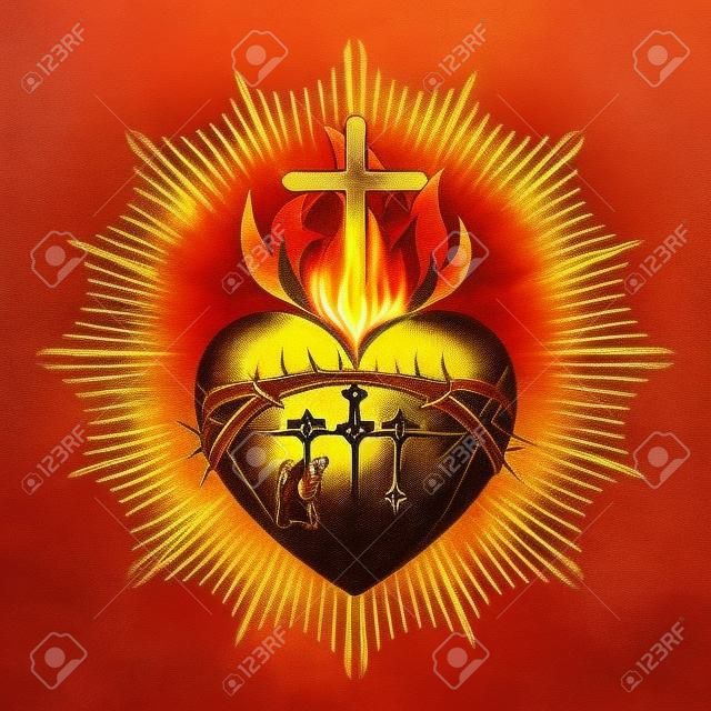 Sagrado Corazón de Jesucristo, Señor y Salvador del mundo. Cruz en la llama del Espíritu Santo, corona de espinas y sangre santa.