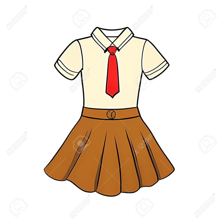 Uniformes scolaires des filles. Un chemisier avec une cravate et une jupe. Vêtements. Griffonnage. Illustration vectorielle blanche colorée dessinée à la main. Les éléments de conception sont isolés sur un fond blanc