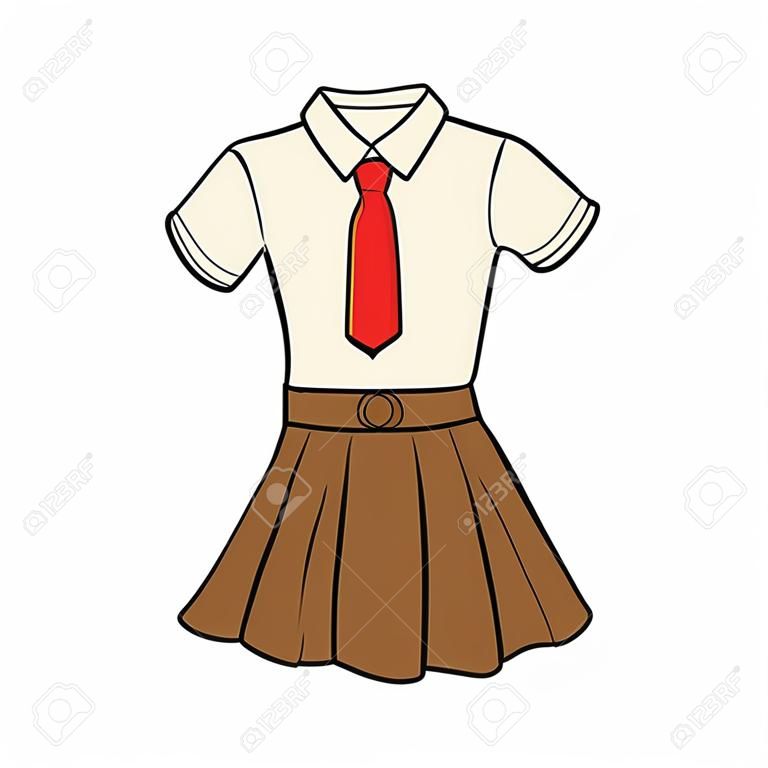 Uniformes scolaires des filles. Un chemisier avec une cravate et une jupe. Vêtements. Griffonnage. Illustration vectorielle blanche colorée dessinée à la main. Les éléments de conception sont isolés sur un fond blanc