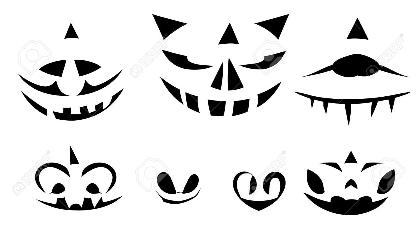 Zabawne fizjonomie. zestaw dyni halloween z rzeźbionymi sylwetkami twarzy na białym tle. szablon z oczami, ustami, nosami do wycięcia lampionu z dyni. czarno-biały ilustracja wektorowa