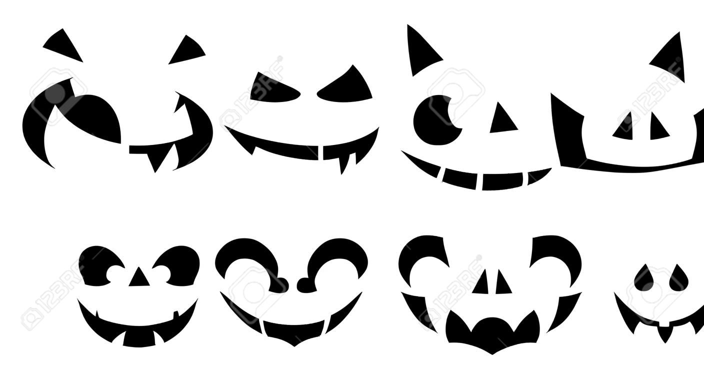 Grappige lichaamsbouw. Een set van Halloween pompoenen met gesneden silhouetten van gezichten geïsoleerd op wit. Een sjabloon met ogen, monden, neuzen voor het uitsnijden van jack o lantaarn. Zwarte Witte Vector illustratie