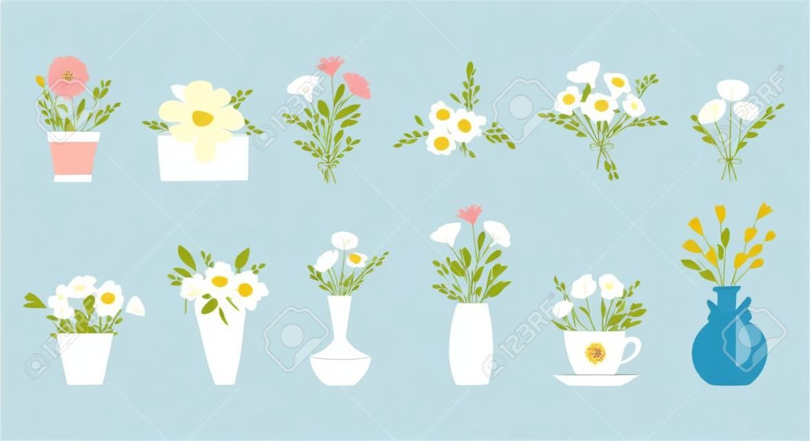 꽃꽂이 세트, 꽃병에 든 부케, 컵, 봉투, 활. 만화 스타일의 귀여운 단순한 식물 구성. 색 벡터 일러스트는 흰색 배경에 고립입니다.