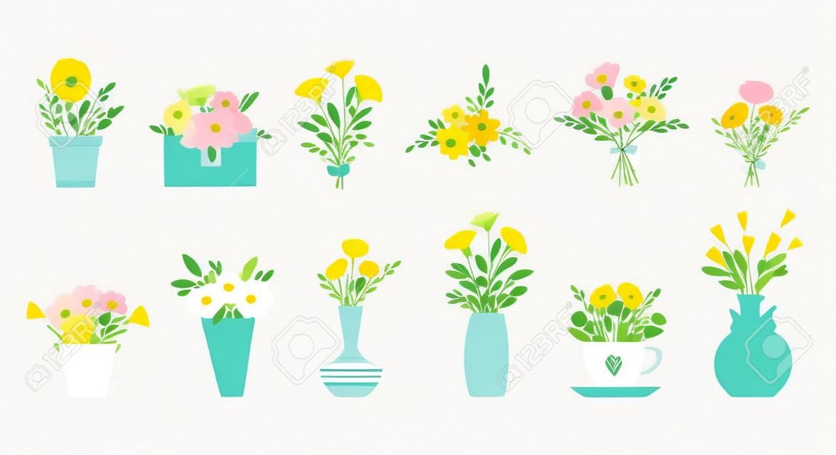 꽃꽂이 세트, 꽃병에 든 부케, 컵, 봉투, 활. 만화 스타일의 귀여운 단순한 식물 구성. 색 벡터 일러스트는 흰색 배경에 고립입니다.
