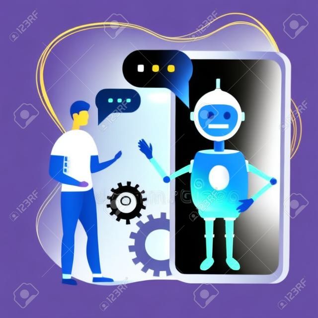 Customer having Dialog with Chat Bot on Smartphone. Man Character Chatting with Robot. Artificial Intelligence and AI Chatbot in Marketing Concept. Flat stock Vector Illustration.