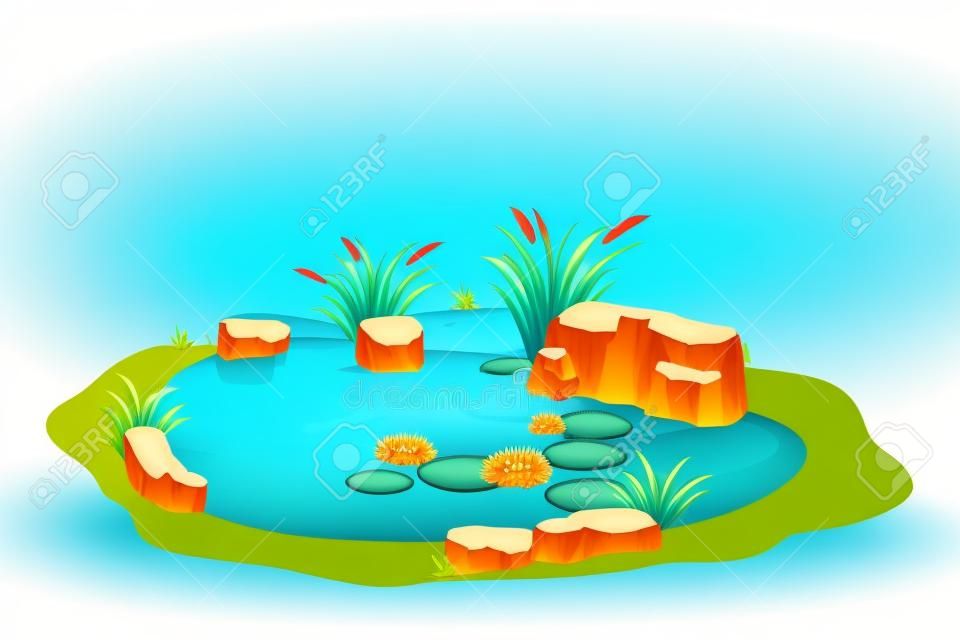 Lake with calm water, lily flowers, bulrush and stones in cartoon style isolated on white background. Outdoor natural pond. . Vector illustration