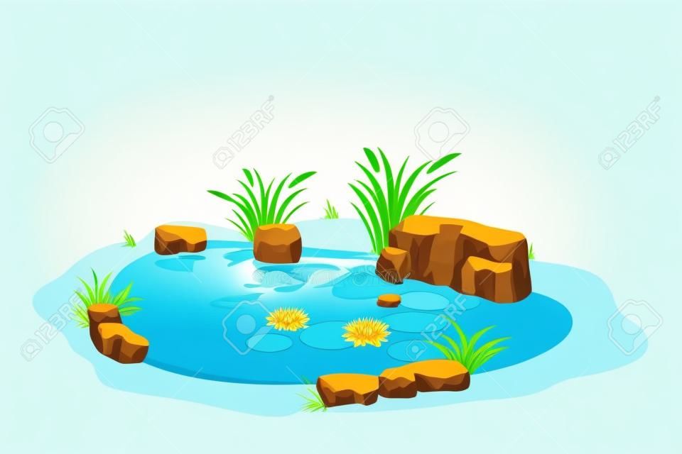Lake with calm water, lily flowers, bulrush and stones in cartoon style isolated on white background. Outdoor natural pond. . Vector illustration