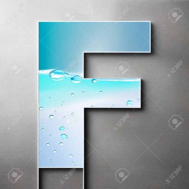 Letra del alfabeto de burbuja de agua y el agua con la reflexión de la letra F