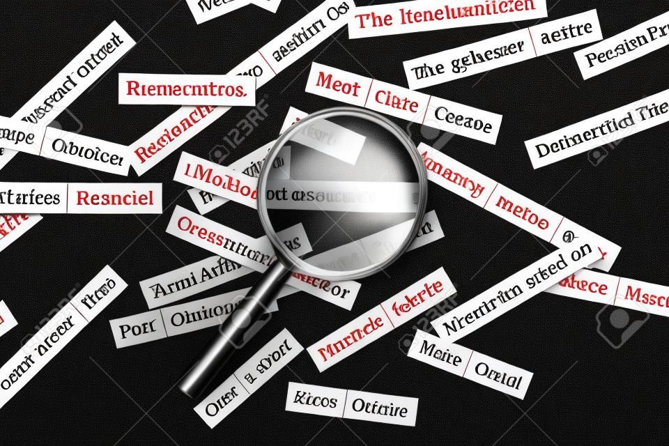 Magnifier glass over the red inscription public relations cut out of paper. Surrounded by other inscriptions on a dark background. Word cloud concept.