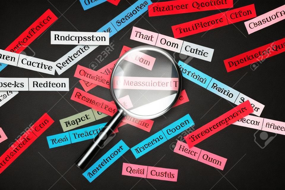Magnifier glass over the red inscription public relations cut out of paper. Surrounded by other inscriptions on a dark background. Word cloud concept.