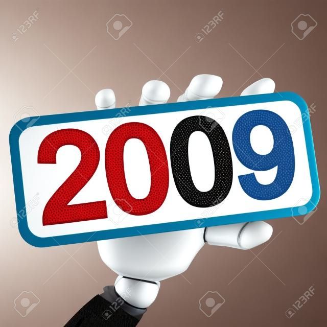 The robotic hand hold a plate with 2009 number