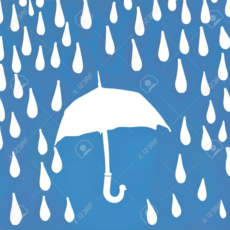ombrello bianco e gocce di pioggia su sfondo blu