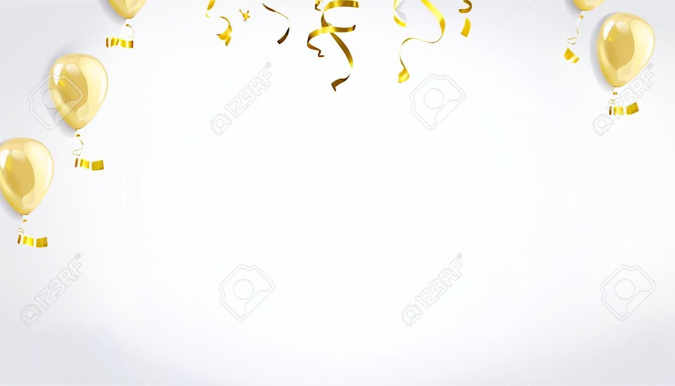 Stock vector illustratie realistische gedeconcentreerde gouden confetti, glitters geïsoleerd op achtergrond en ballonnen Witgoud