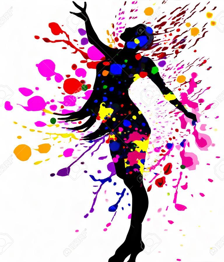 Beautiful dancing girl in bright multicolored splatters.