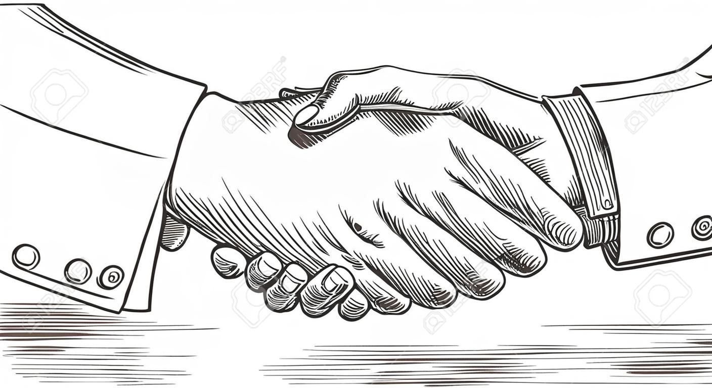 People shaking hands. Vector of handshake of two businessmen  at retro engraving style.