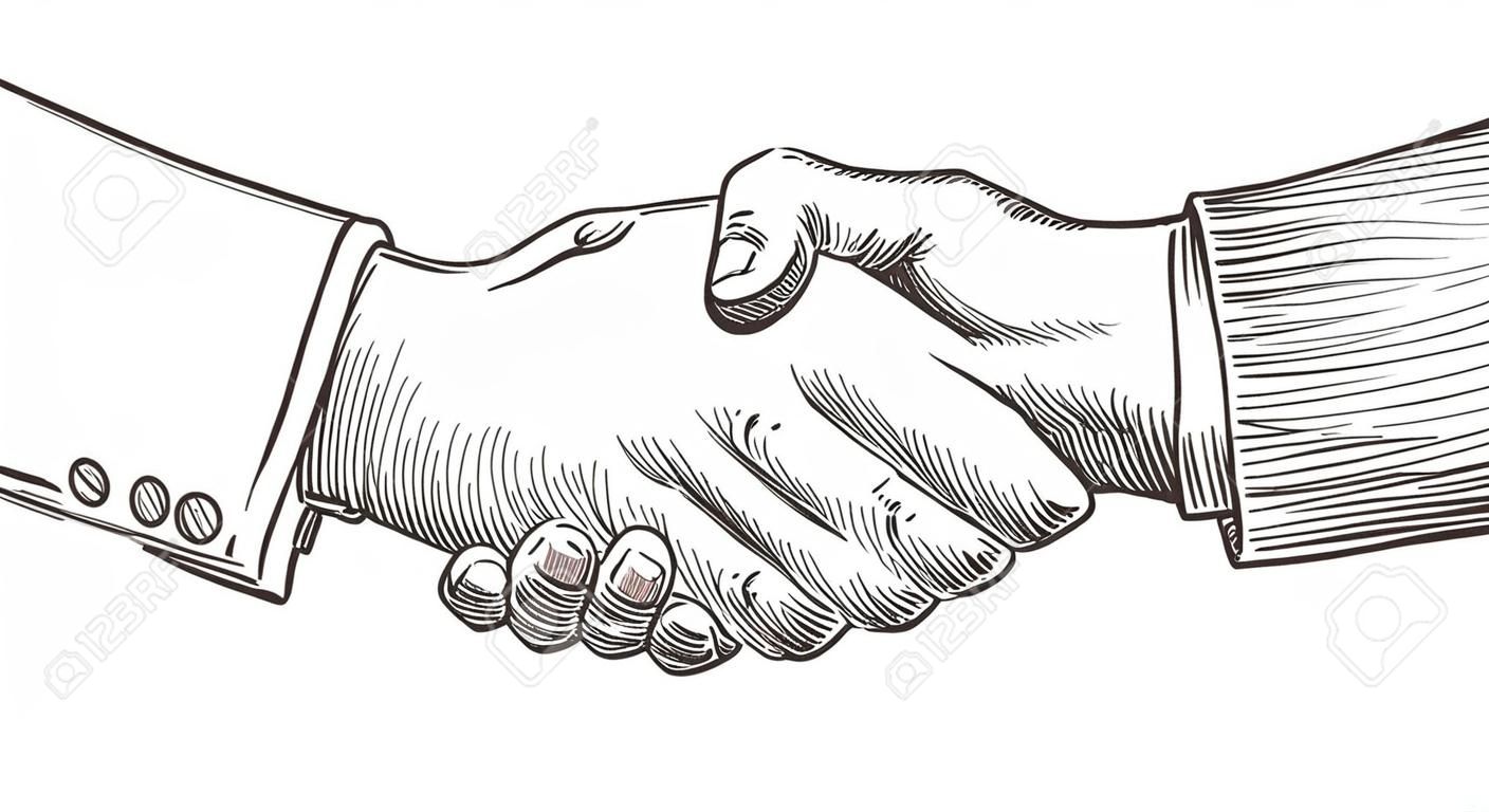 People shaking hands. Vector of handshake of two businessmen  at retro engraving style.