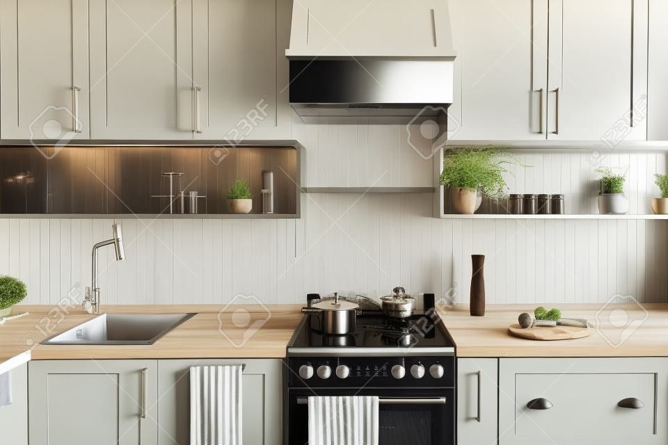 새 집에 현대적인 캐비닛과 스테인리스 스틸 가전 제품을 갖춘 세련된 주방 인테리어. 스칸디나비아 스타일의 디자인. 음식을 만들다. 녹색 식물 장식, 목재 조리대, 싱크대 및 스토브