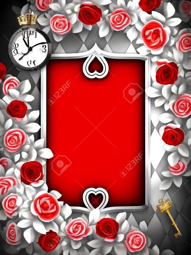 Alice no País das Maravilhas. Rosas vermelhas e rosas brancas no fundo do xadrez. Relógio e chave. Fundo do País das Maravilhas. Moldura de flor de rosa, quadro retangular.Ilustração.