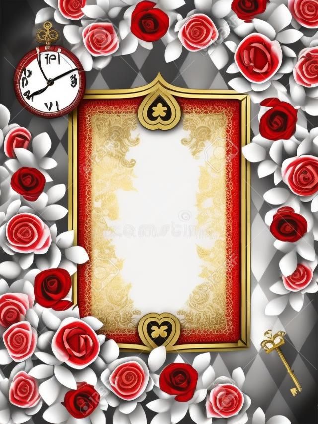Alice in Wonderland. Red roses and white roses on chess background. Clock and key. Wonderland background. Rose flower frame, rectangular frame.Illustration.