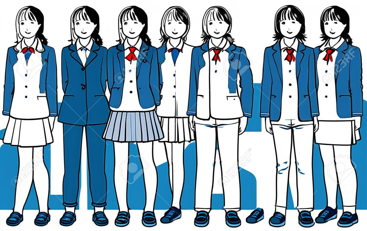 スラックスやスカートなど様々な制服を着て正面を向いて立っている女子学生のシンプルなイラストセットです。編集しやすいベクターデータ。
