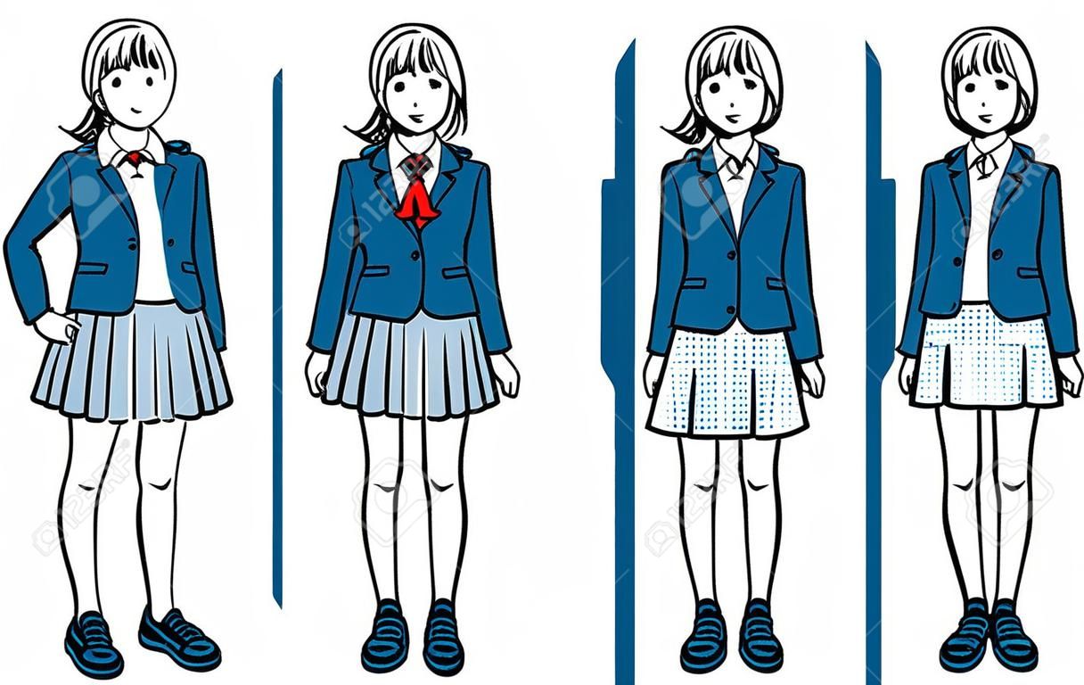 スラックスやスカートなど様々な制服を着て正面を向いて立っている女子学生のシンプルなイラストセットです。編集しやすいベクターデータ。