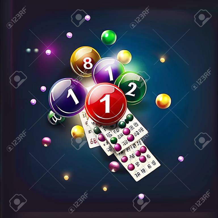 Bingo bolas e cartões de design em um fundo azul brilhante